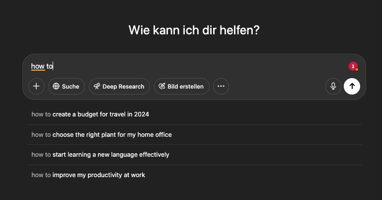 Screenshot aus ChatGPT mit Anzeige von Autosuggests für "How to"